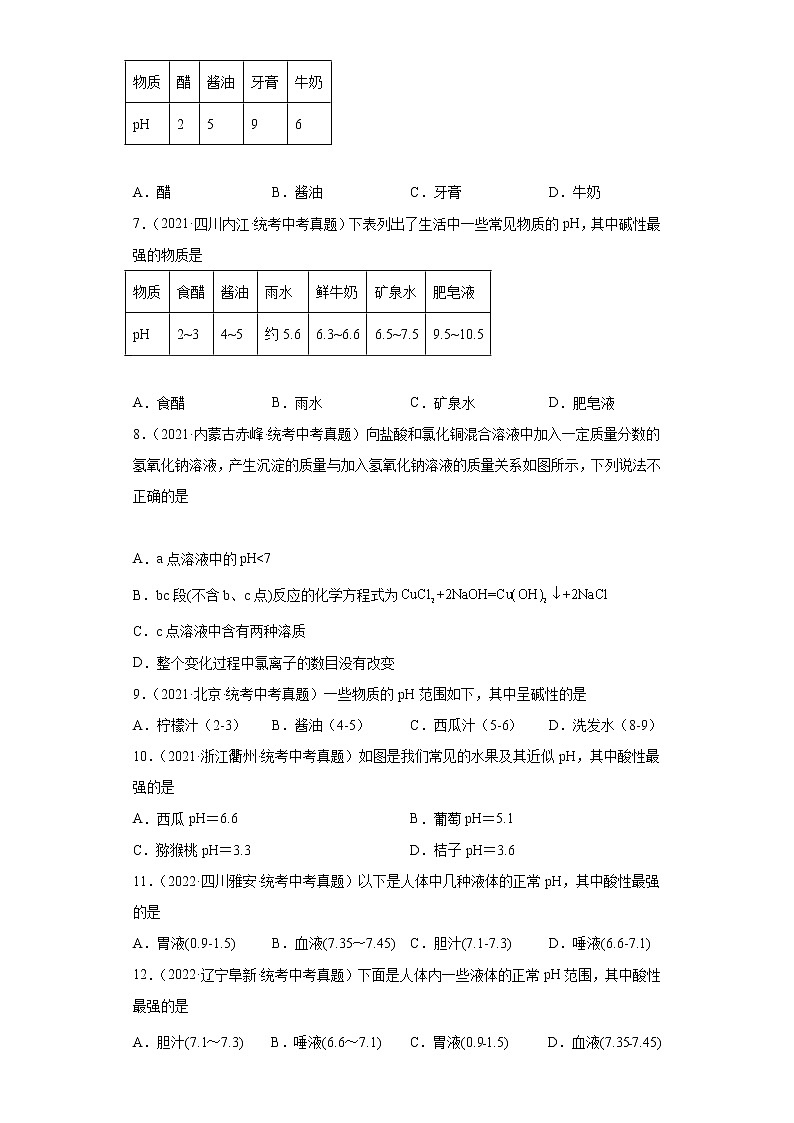 备考2023年中考化学真题专项练习(全国通用)-97溶液的酸碱性和pH①第2页