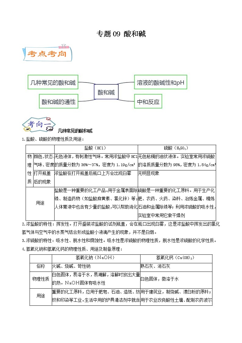 中考化学二轮复习考点练习专题09 酸和碱(考点详解)(教师版)第1页