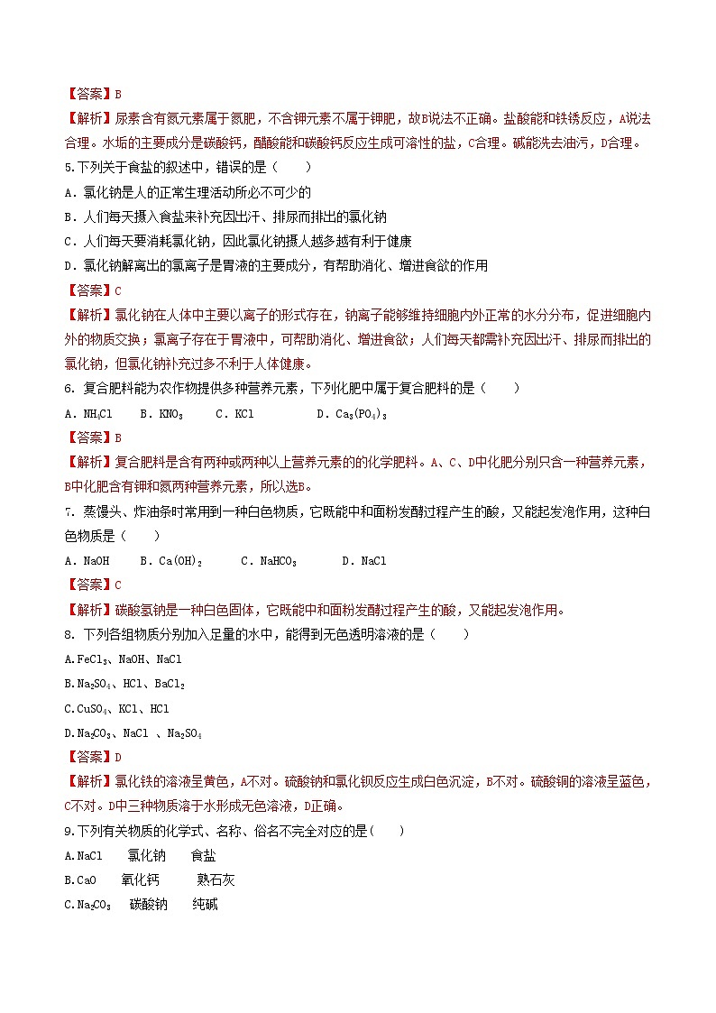 中考化学二轮复习考点练习专题10 盐和化肥(考点专练)(教师版)第2页