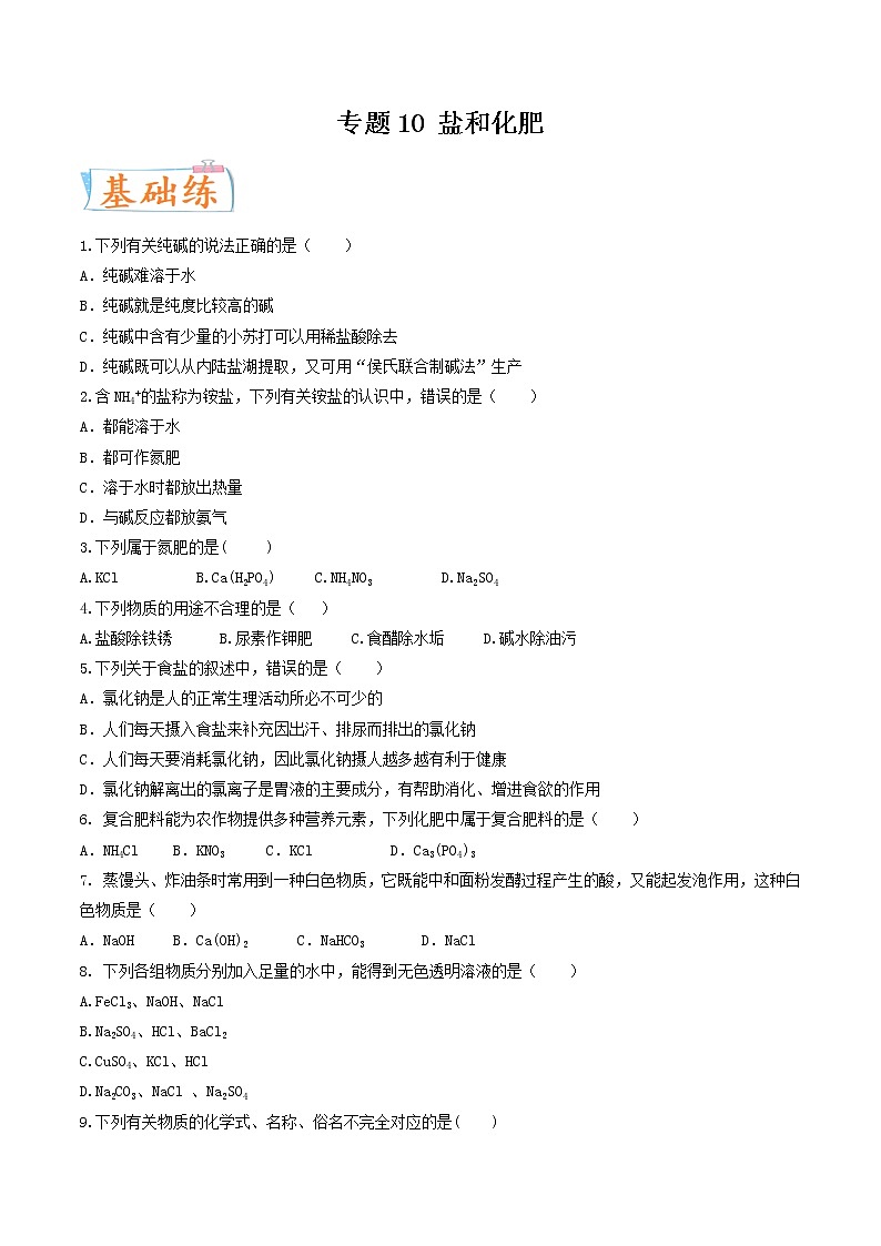 专题10 盐和化肥(考点专练)(学生版)-备战2023年中考化学考点微专题(全国通用)第1页