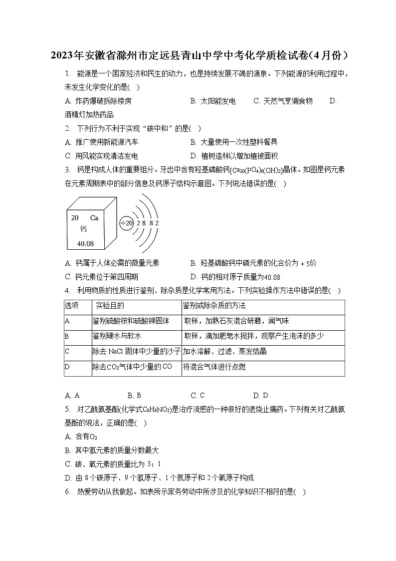 2023年安徽省滁州市定远县青山中学中考化学质检试卷(4月份)(含答案解析)01