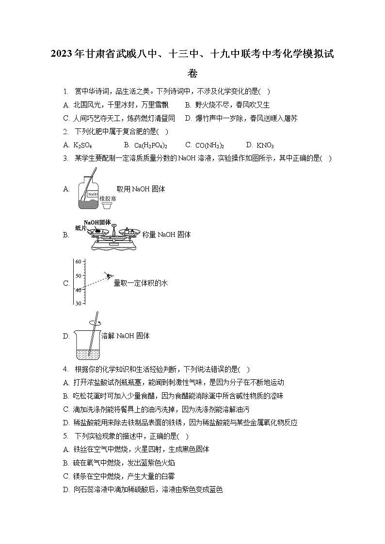 2023年甘肃省武威八中、十三中、十九中联考中考化学模拟试卷(含答案解析)第1页