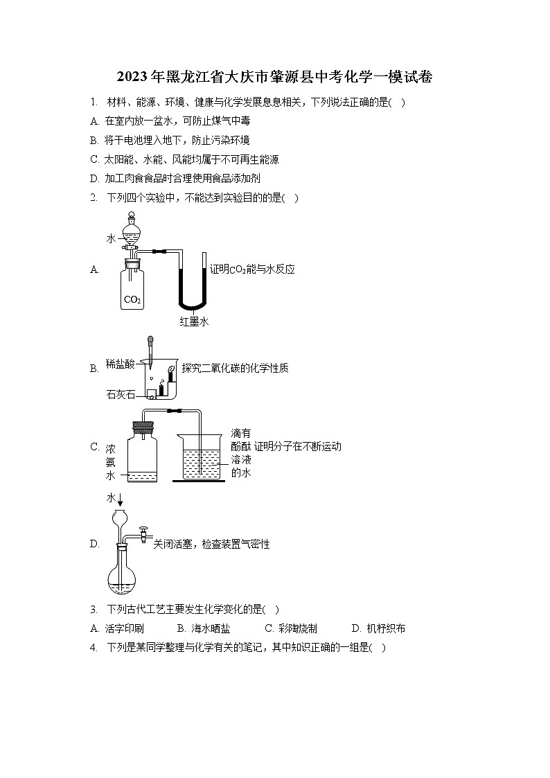 2023年黑龙江省大庆市肇源县中考化学一模试卷(含答案解析)01