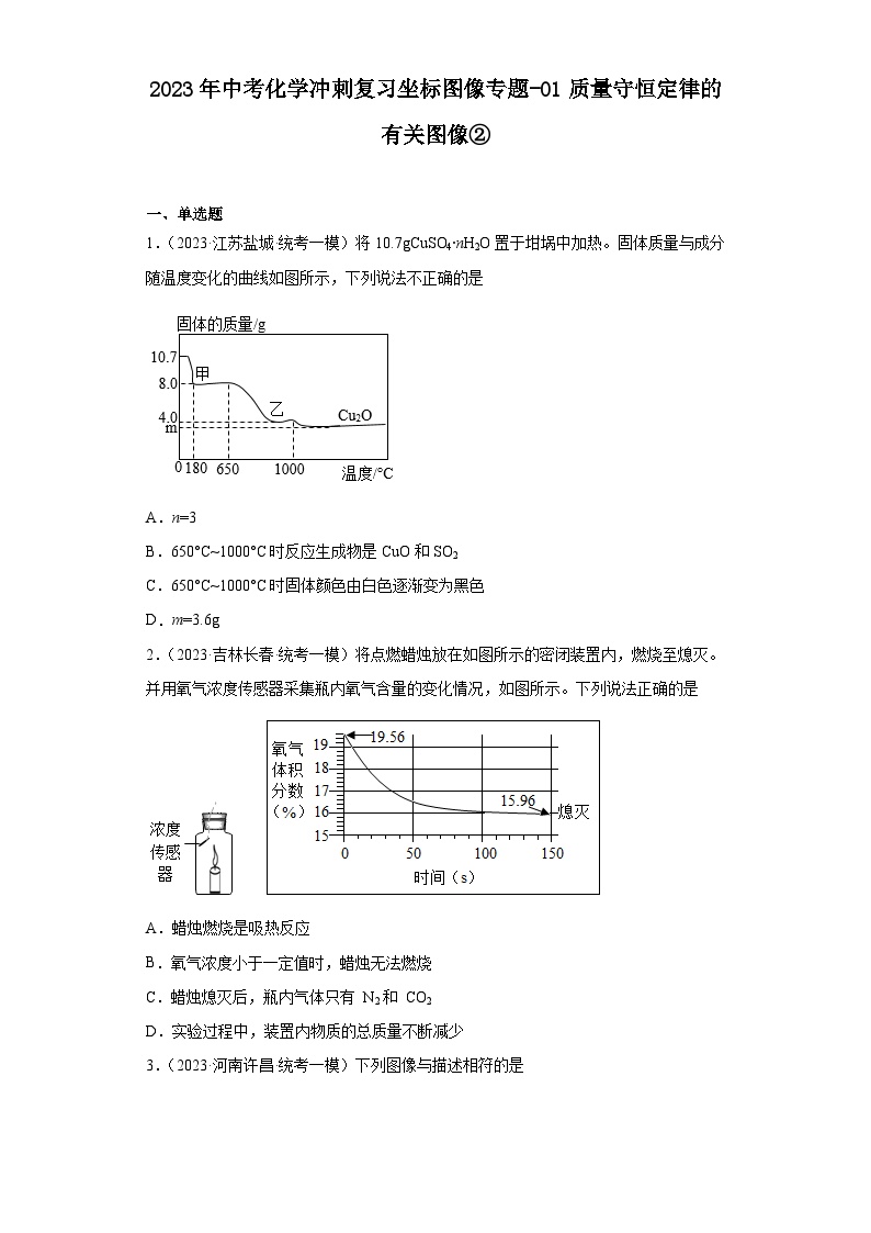 2023年中考化学冲刺复习坐标图像专题模拟新题专练-01质量守恒定律的有关图像②