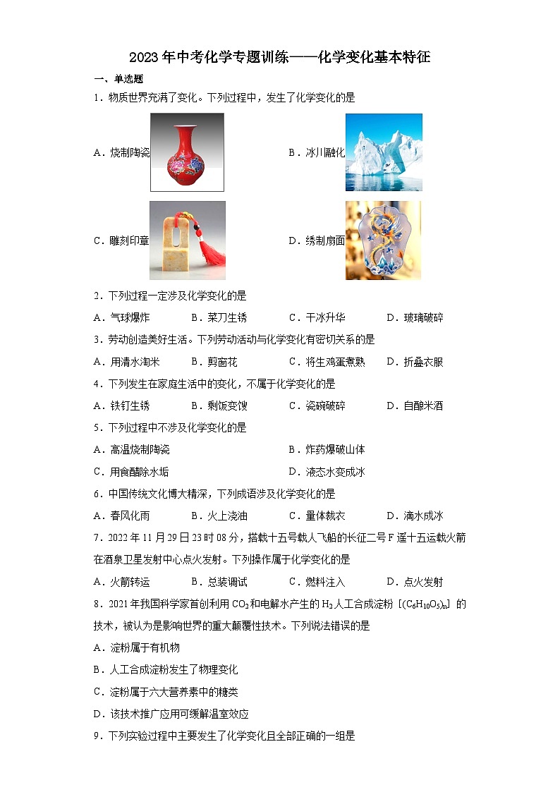 2023年中考化学专题训练——化学变化基本特征第1页