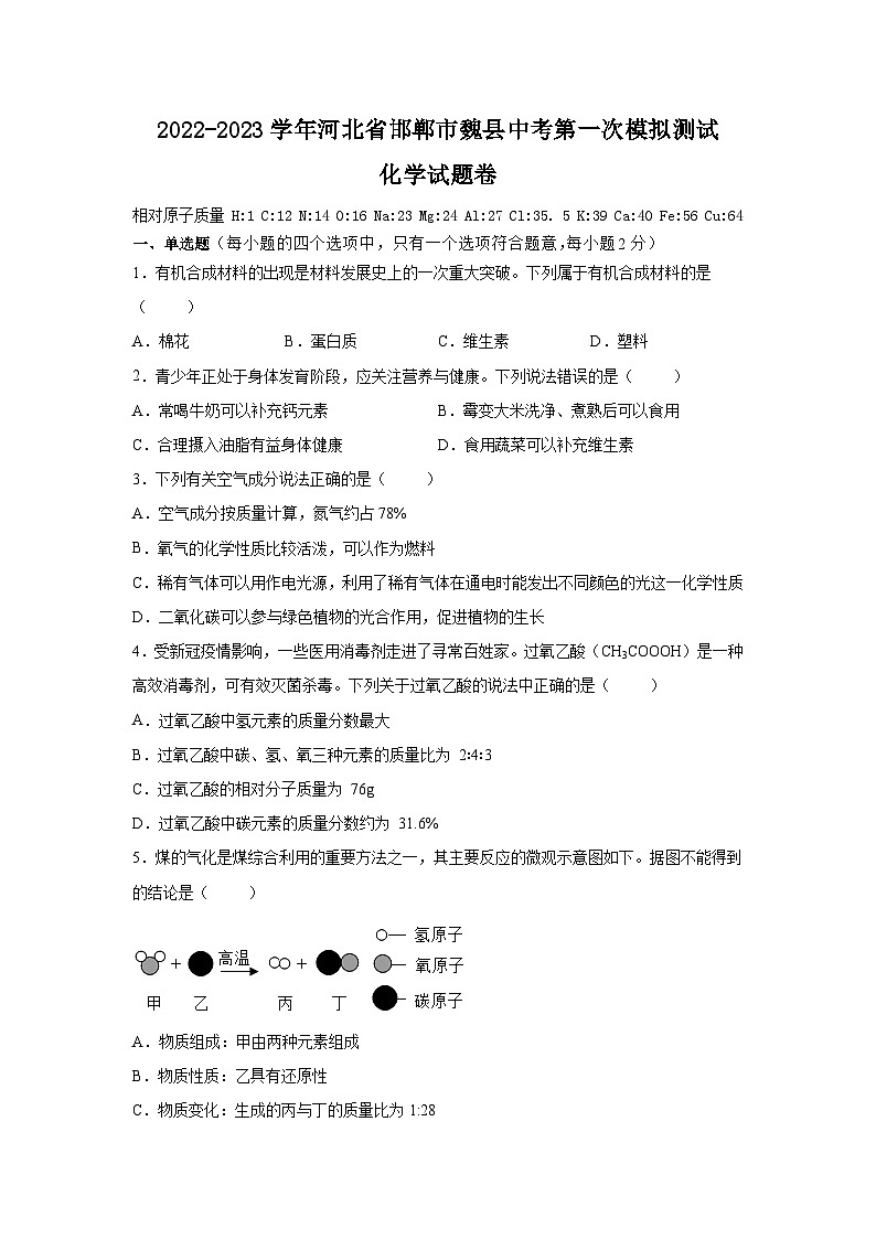 2023年河北省邯郸市魏县中考第一次模拟测试化学试题卷(含答案)01
