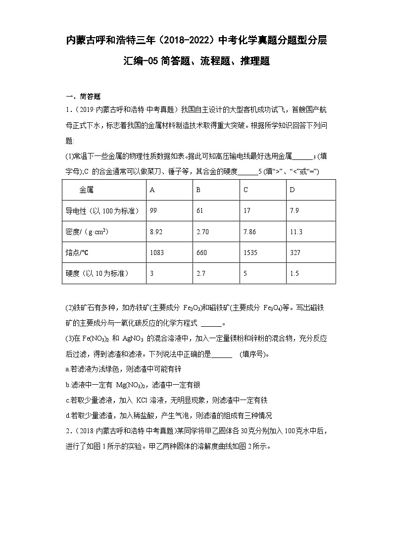 内蒙古呼和浩特三年(2018-2022)中考化学真题分题型分层汇编-05简答题、流程题、推理题第1页