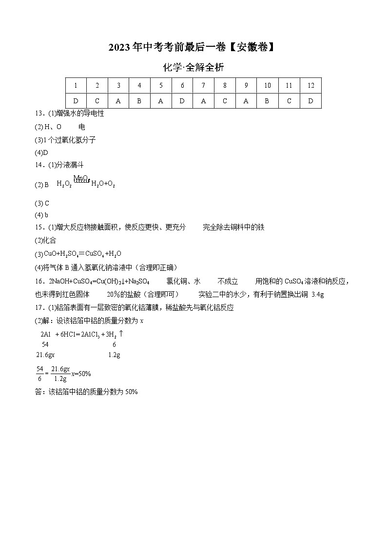 化学(安徽卷)-【试题猜想】2023年中考考前最后一卷(参考答案)第1页