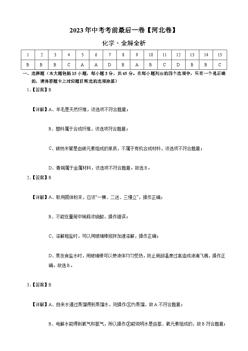 化学(河北卷)-【试题猜想】2023年中考考前最后一卷(考试版+答题卡+全解全析+参考答案)01