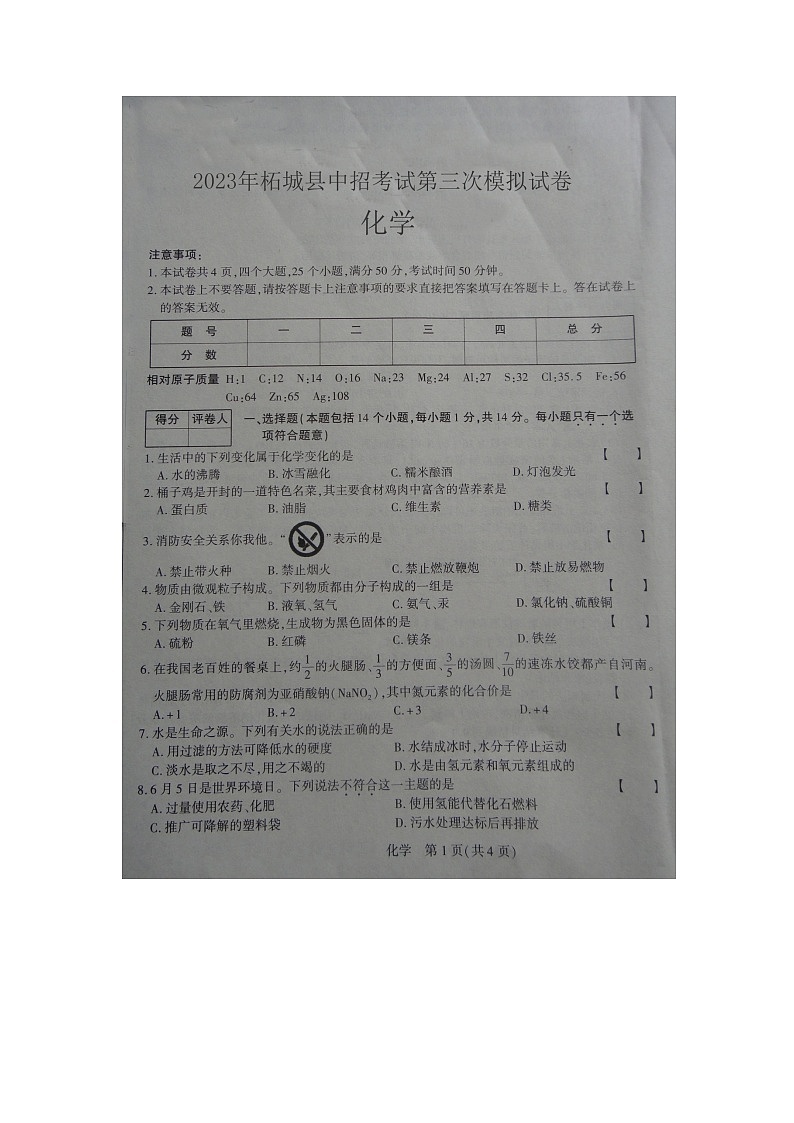 2023年河南省商丘市柘城县中招考试第三次模拟化学试卷01