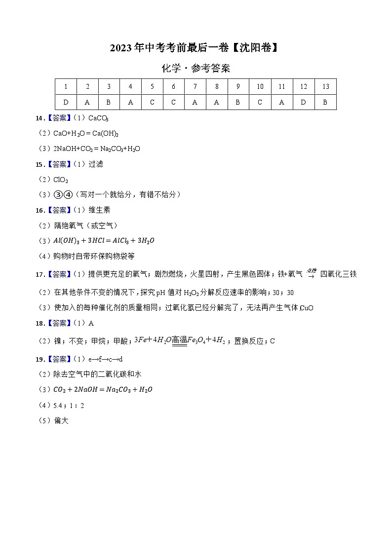 化学(沈阳卷)-【试题猜想】2023年中考考前最后一卷(考试版+答题卡+全解全析+参考答案)01