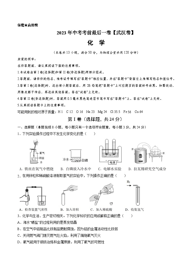 化学(武汉卷)-【试题猜想】2023年中考考前最后一卷(考试版+答题卡+全解全析+参考答案)01