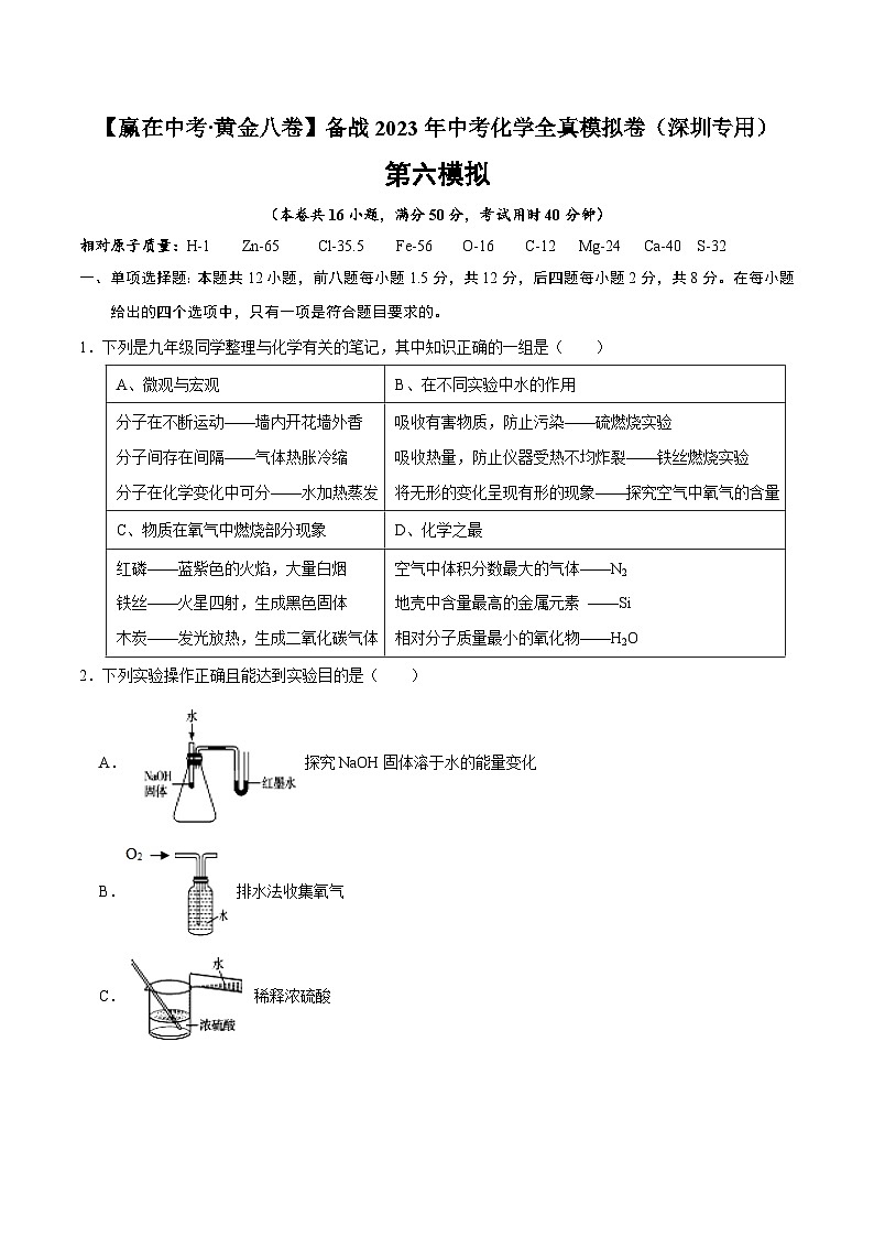 黄金卷6-【赢在中考·黄金八卷】备战2023年中考化学全真模拟卷(深圳专用)01