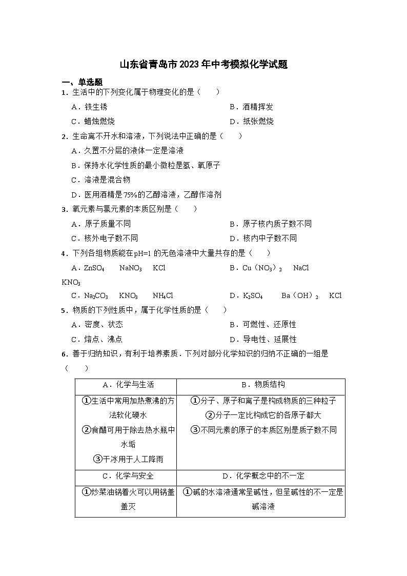 2023年山东省青岛市中考模拟化学试题第1页