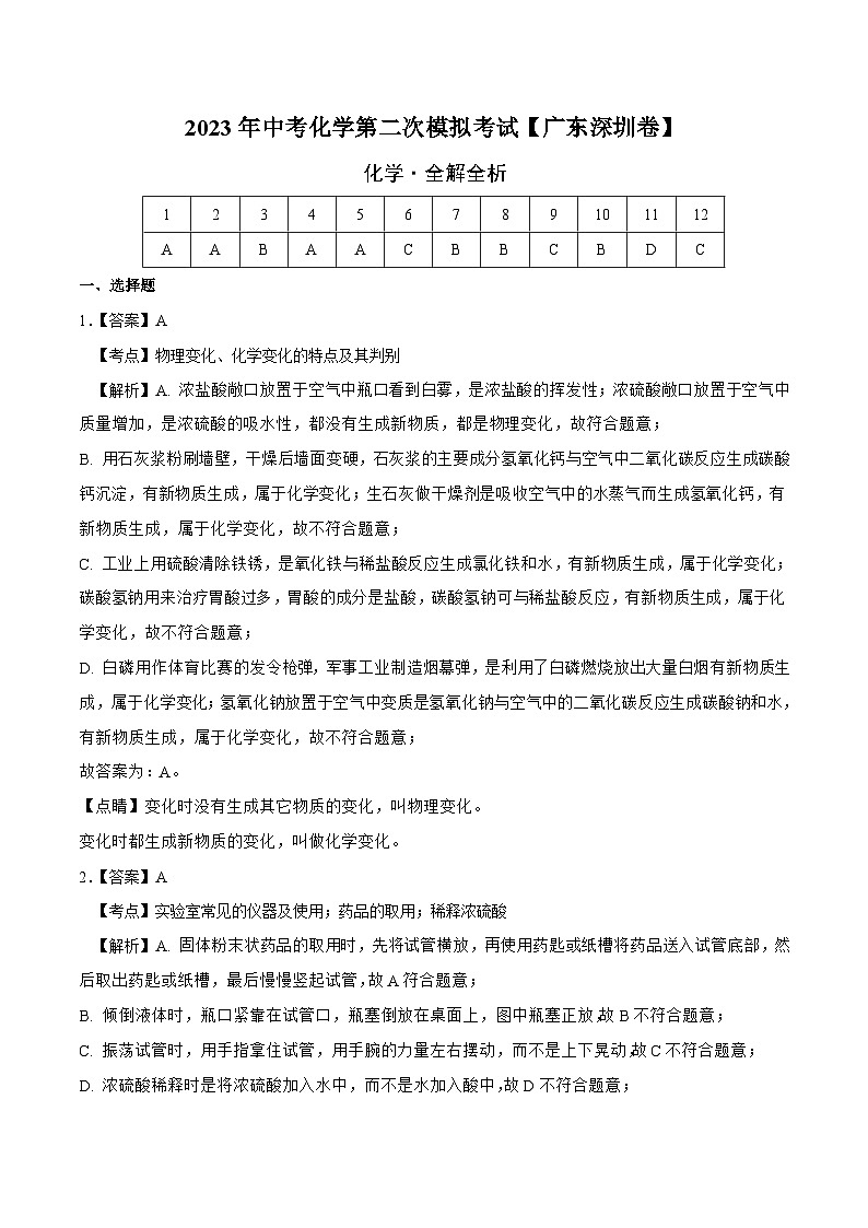 (广东深圳卷)2023年中考化学第二次模拟考试(全解全析)第1页