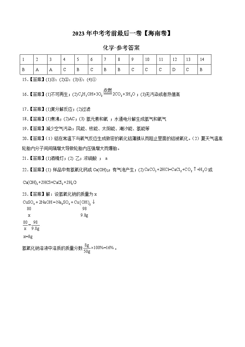 2023年中考考前最后一卷:化学(海南卷)(参考答案)01