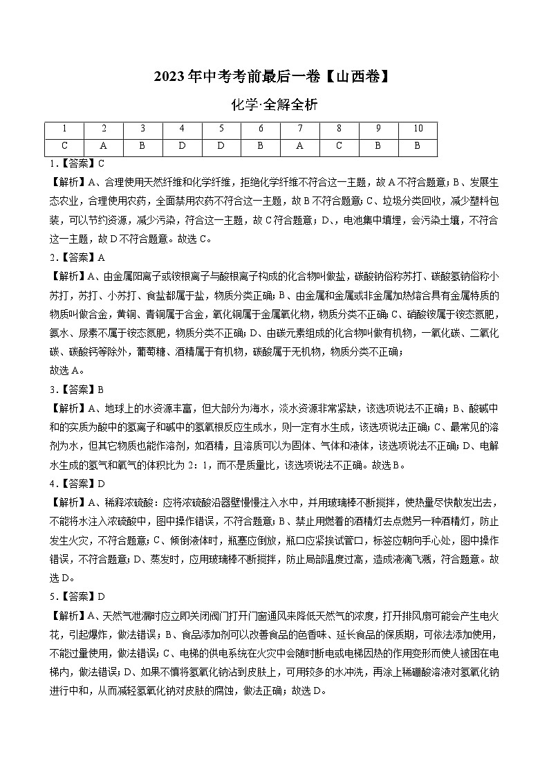 化学(山西卷)2023年中考考前最后一卷(全解全析)01