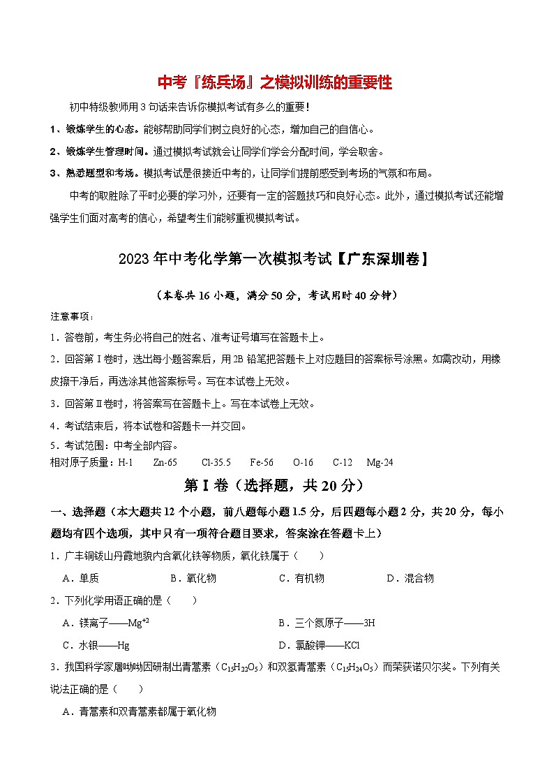 (深圳卷)2023年中考化学第一次模拟考试01