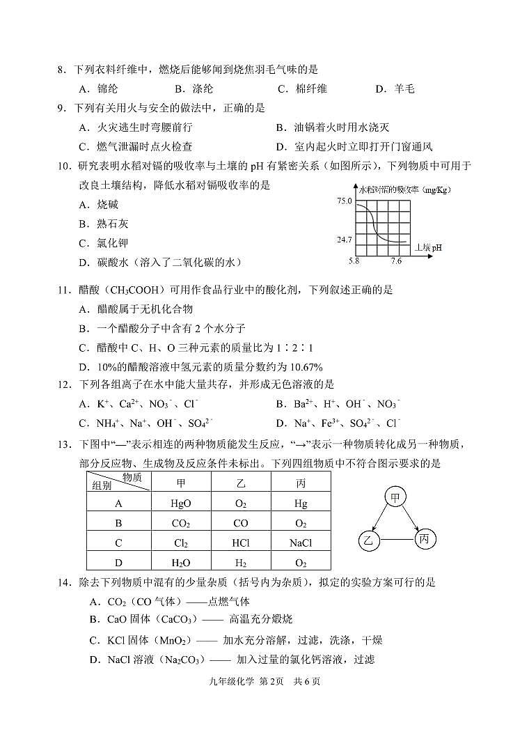 江苏南京建邺区2022届九年级中考二模化学试卷+答案第2页