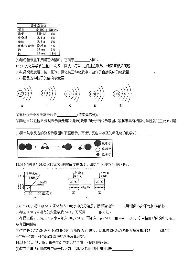 2023年陜西省漢中市初中學(xué)業(yè)水平模擬化學(xué)試題（含答案）第3頁