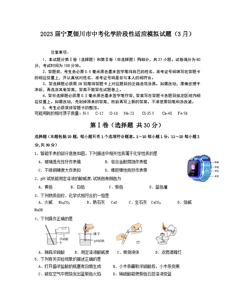 2023届宁夏银川市中考化学阶段性适应模拟试题(3月)含解析01