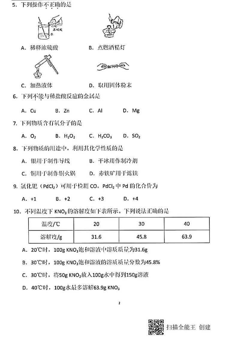 北京市2020年中考化学试题(扫描版,含答案)第2页