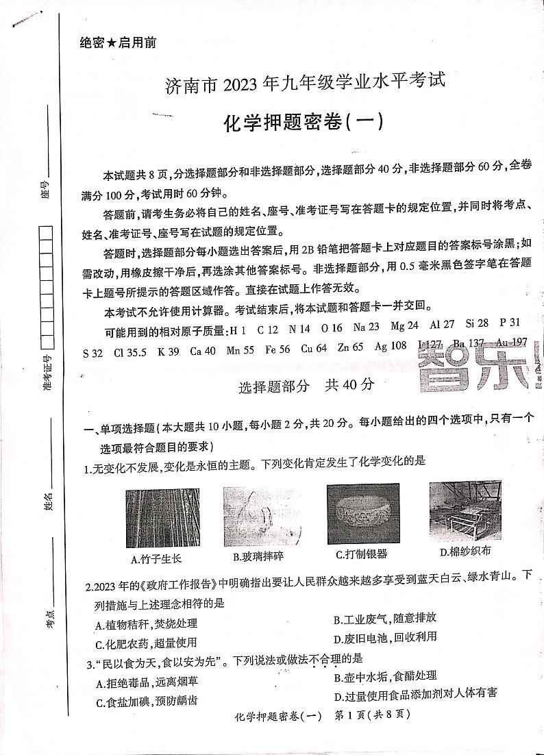 2023年济南市九年级中考化学押题密卷一(智乐星)第1页