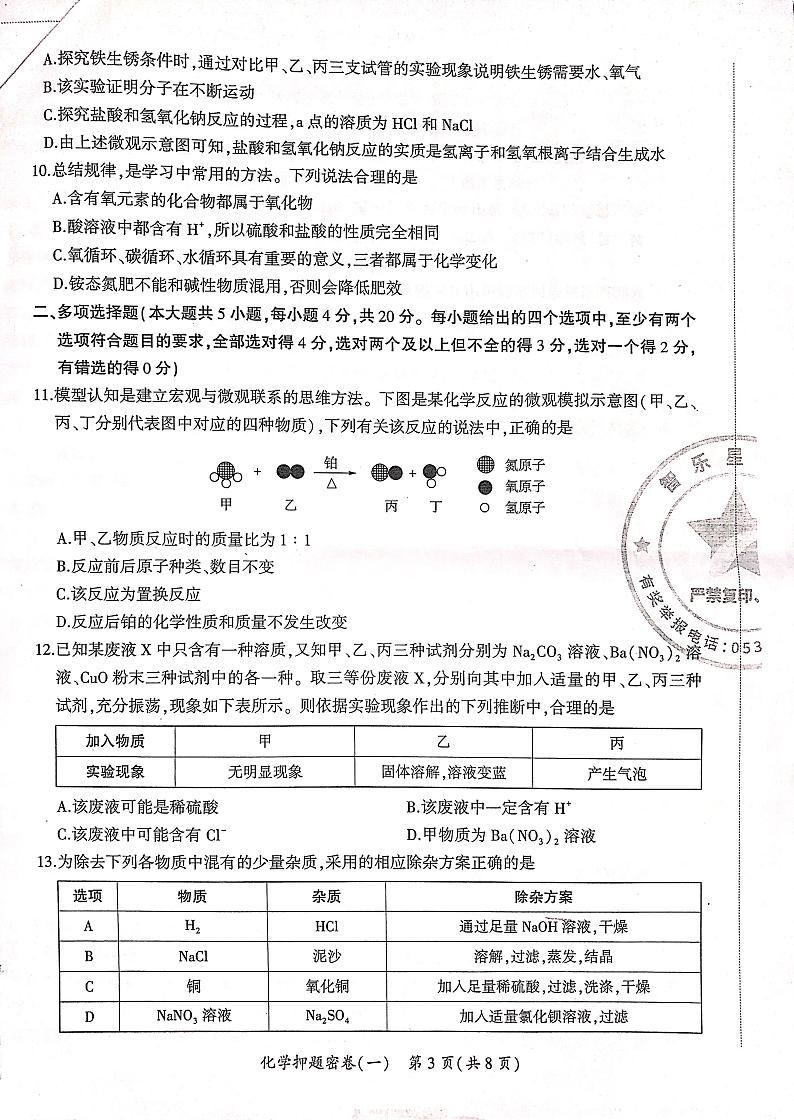2023年济南市九年级中考化学押题密卷一(智乐星)第3页