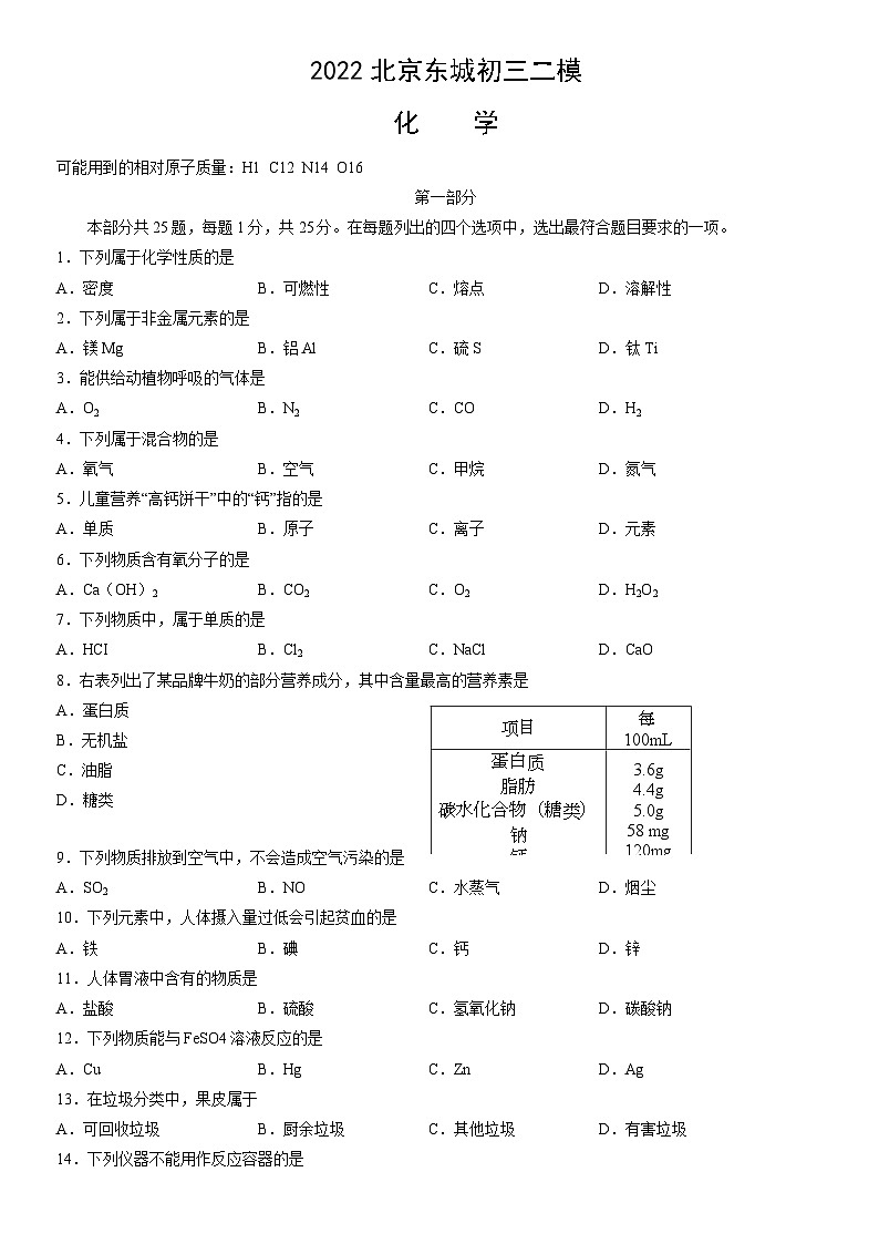 2022北京东城初三二模化学(教师版)第1页