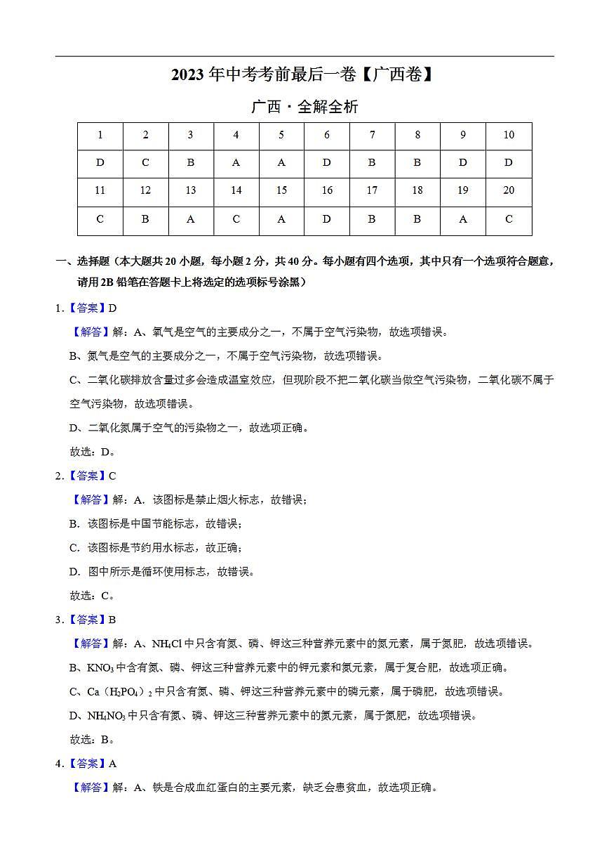 化學(xué)（廣西卷）2023年中考考前最后一卷（全解全析）第1頁