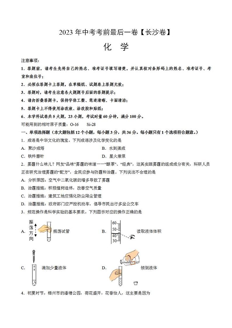 化学(长沙卷)2023年中考考前最后一卷(考试版)A4第1页