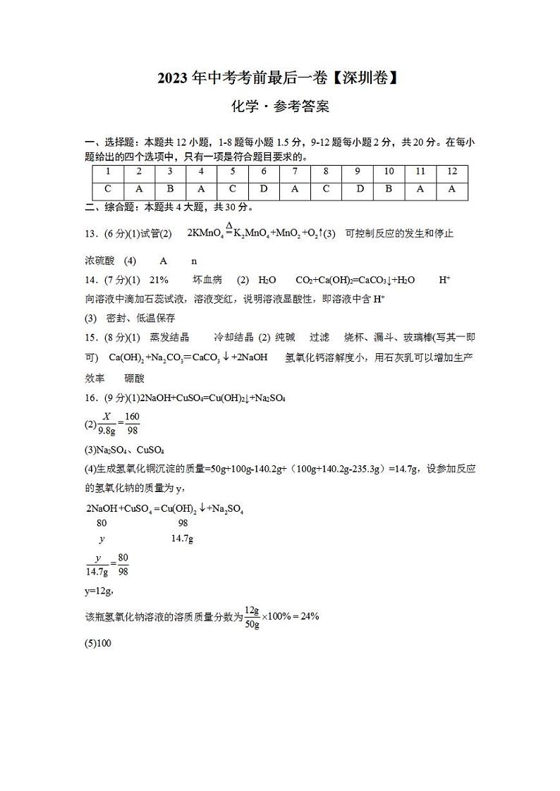 化学(深圳卷)2023年中考考前最后一卷(参考答案)第1页