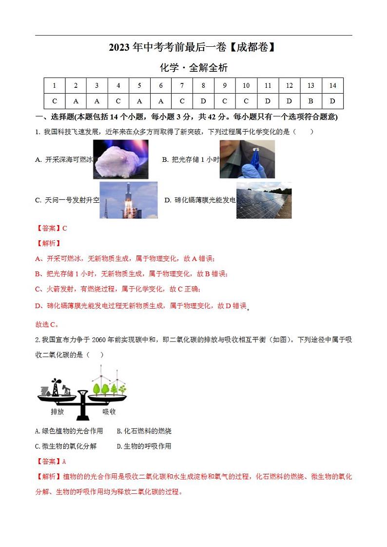 化学(四川成都卷)2023年中考考前最后一卷(全解全析)第1页