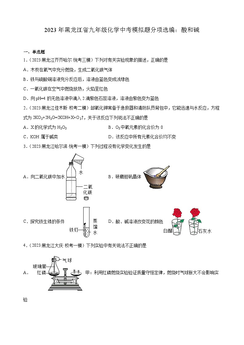 2023年黑龍江省九年級(jí)化學(xué)中考模擬題分項(xiàng)選編：酸和堿第1頁