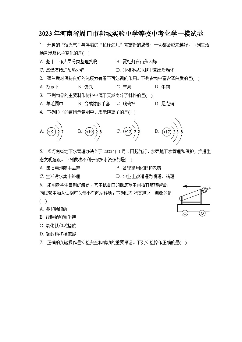2023年河南省周口市郸城实验中学等校中考化学一模试卷(含解析)第1页