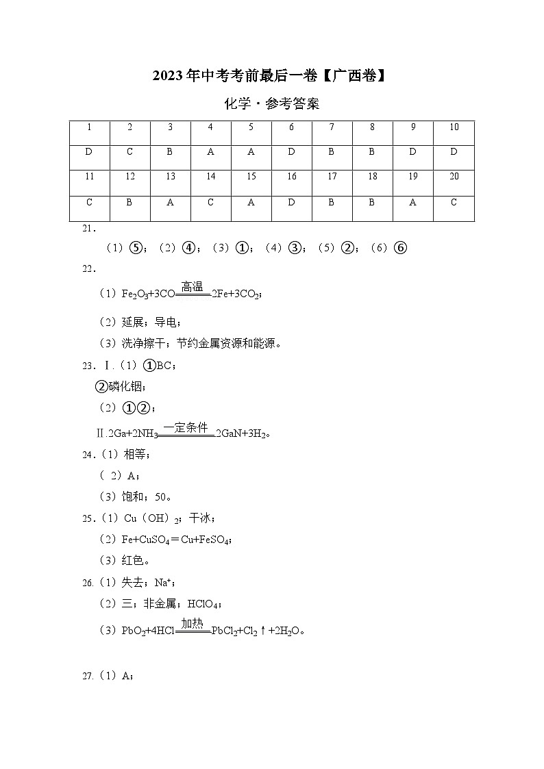 化学(广西卷)-【试题猜想】2023年中考考前最后一卷(参考答案)第1页