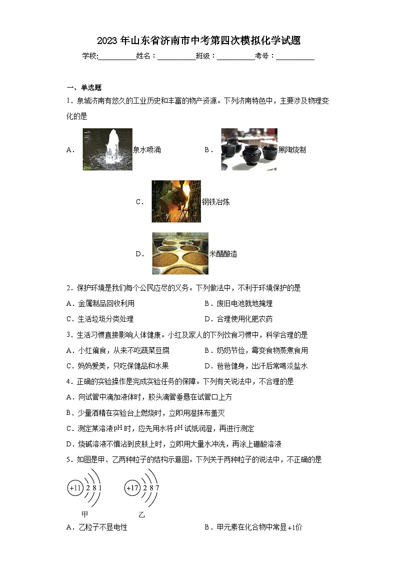 2023年山东省济南市中考第四次模拟化学试题(含解析)第1页