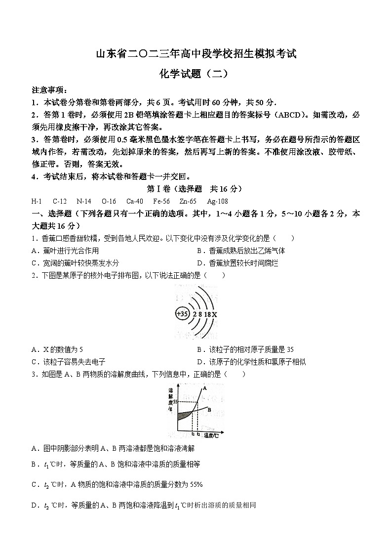 2023年山东济宁市梁山县寿张集镇中学中考模拟化学试题(含答案)第1页