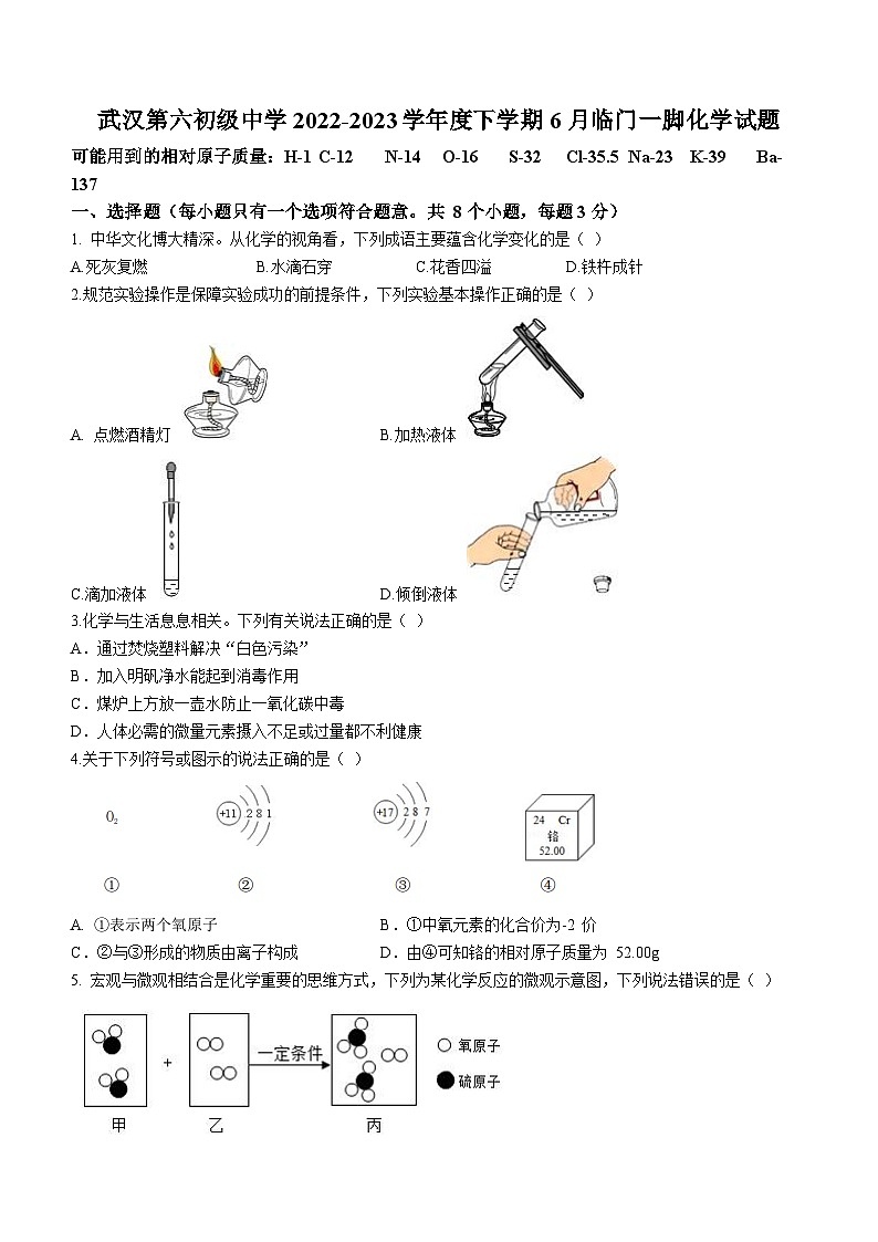 2023年湖北省武汉市江岸区武汉市第六初级中学6月临门一脚化学试题(含答案)第1页
