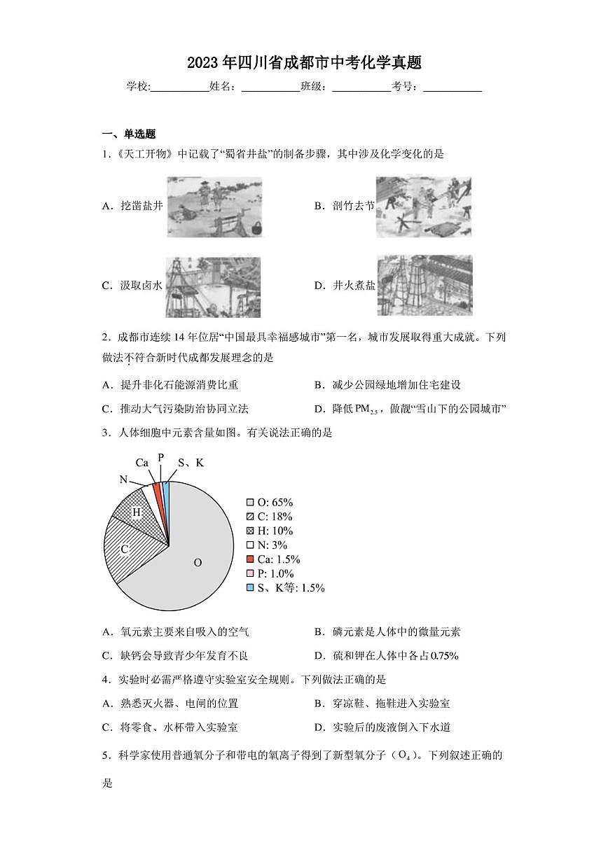 2023年四川省成都市中考化學(xué)真題(含答案)第1頁