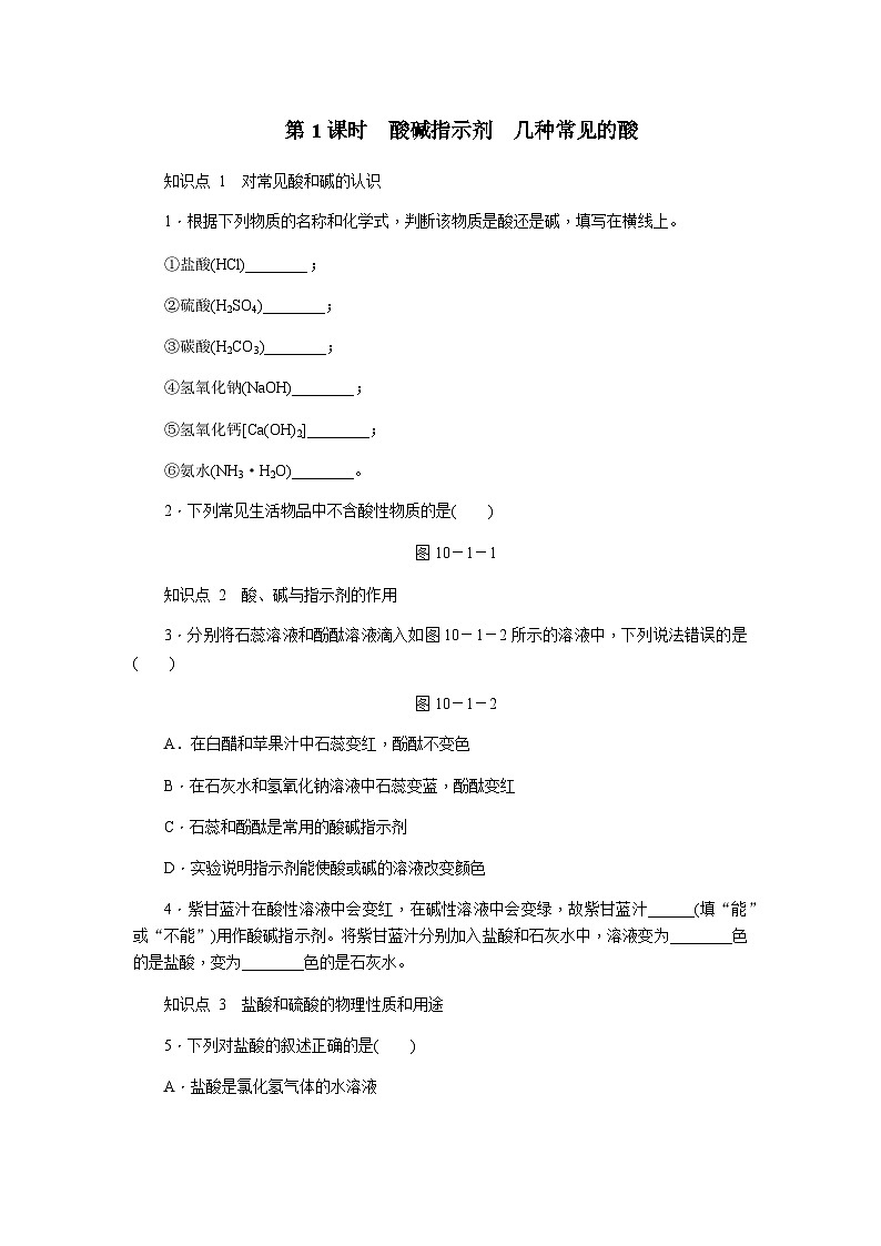 人教版九年级化学下册10.1.1酸、碱与指示剂作用 几种常见的酸练习题第1页