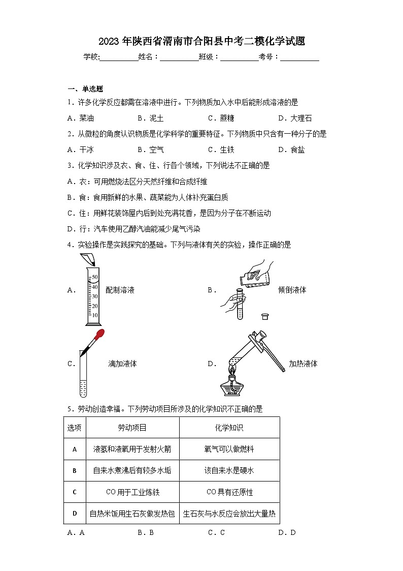 2023年陕西省渭南市合阳县中考二模化学试题(含解析)第1页