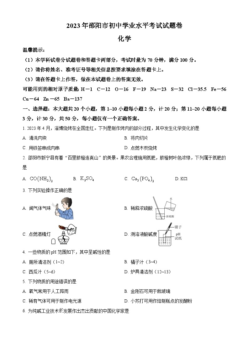 2023年湖南省邵阳市中考化学真题01