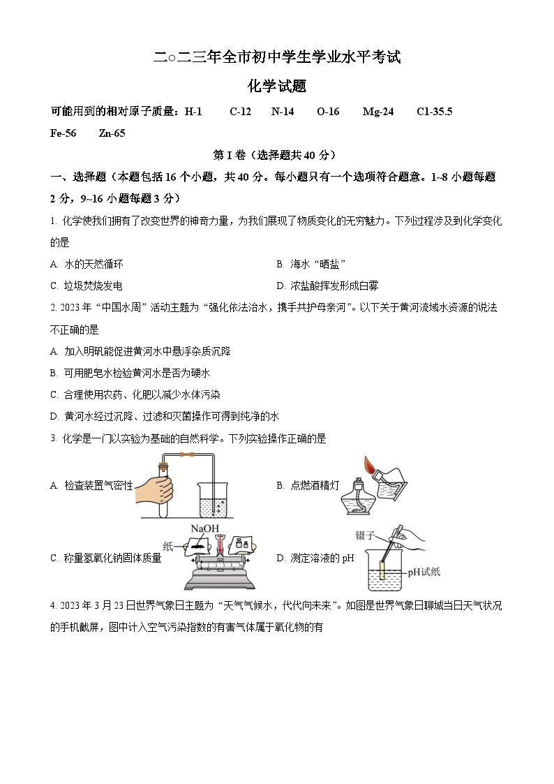 2023年山东省聊城市中考化学真题及答案解析01