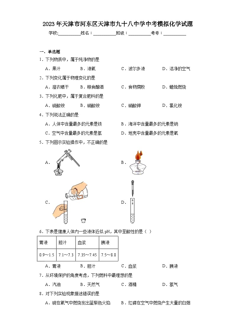 2023年天津市河东区天津市九十八中学中考模拟化学试题（含解析）01