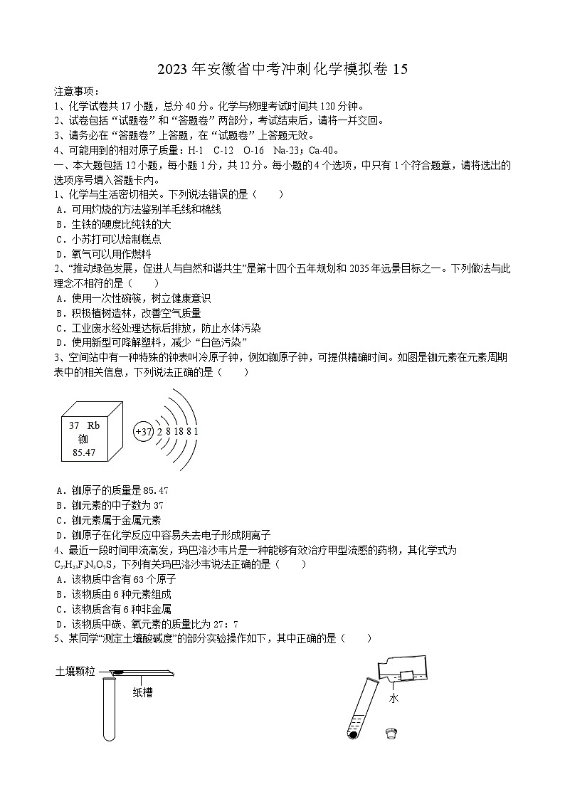 2023年安徽省中考冲刺化学模拟卷1501