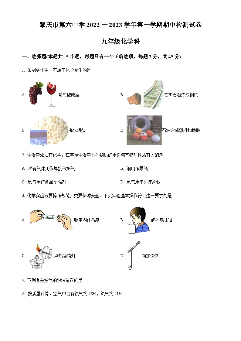 广东省肇庆市第六中学2022-2023学年九年级上学期期中化学试题01