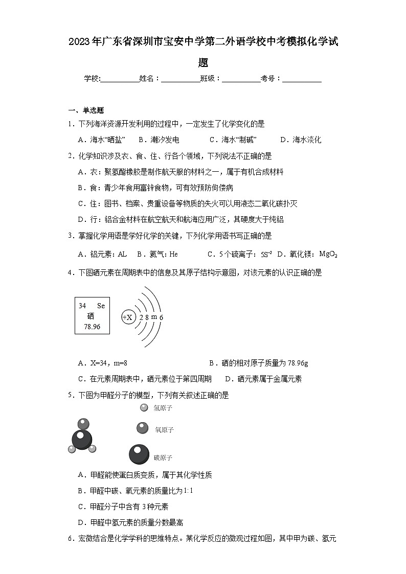 2023年广东省深圳市宝安中学第二外语学校中考模拟化学试题(含解析)第1页