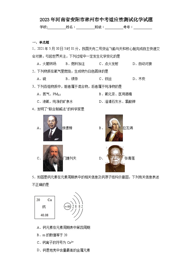 2023年河南省安阳市林州市中考适应性测试化学试题(含解析)第1页