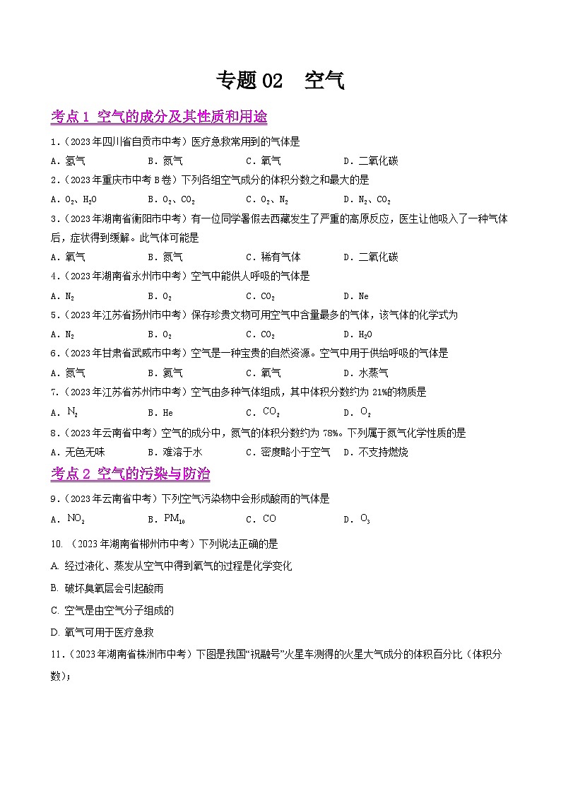 2023年中考化学真题分类汇编——专题02 空气(全国通用)01